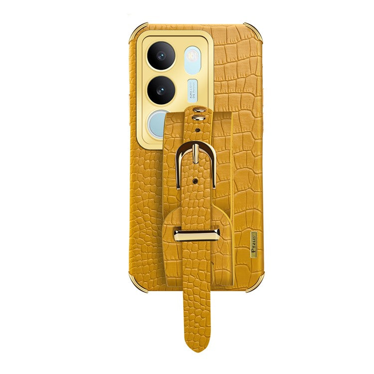 For vivo S17 5G PU Leather Coated TPU Case Wristband Kickstand Electroplating Phone Cover - Yellow