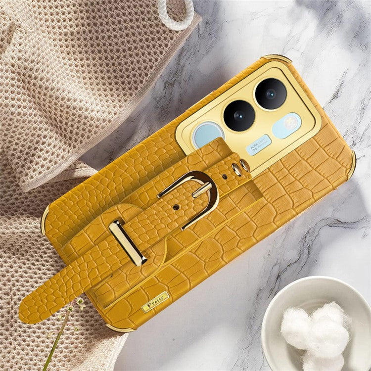 For vivo S17 5G PU Leather Coated TPU Case Wristband Kickstand Electroplating Phone Cover - Yellow