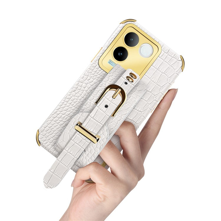 For vivo S17e 5G Wristband Kickstand Electroplating Phone Case PU Leather Coated TPU Phone Cover - White