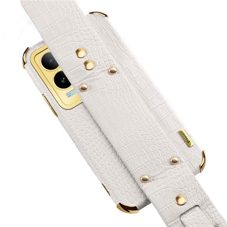 For vivo S17e 5G Wristband Kickstand Electroplating Phone Case PU Leather Coated TPU Phone Cover - White