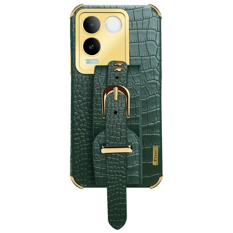 For vivo S17e 5G Wristband Kickstand Electroplating Phone Case PU Leather Coated TPU Phone Cover - Green