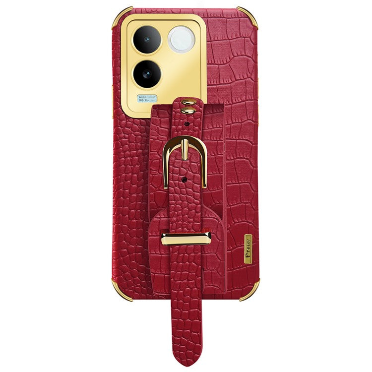 For vivo S17e 5G Wristband Kickstand Electroplating Phone Case PU Leather Coated TPU Phone Cover - Red