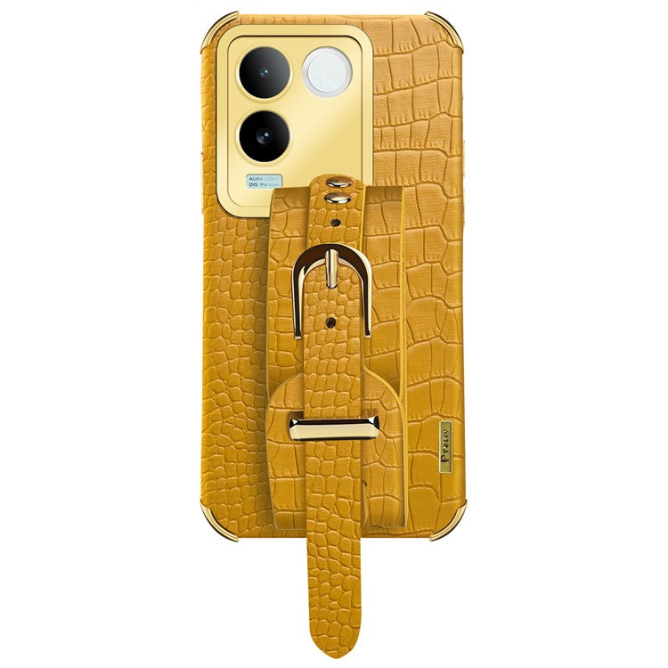 For vivo S17e 5G Wristband Kickstand Electroplating Phone Case PU Leather Coated TPU Phone Cover - Yellow