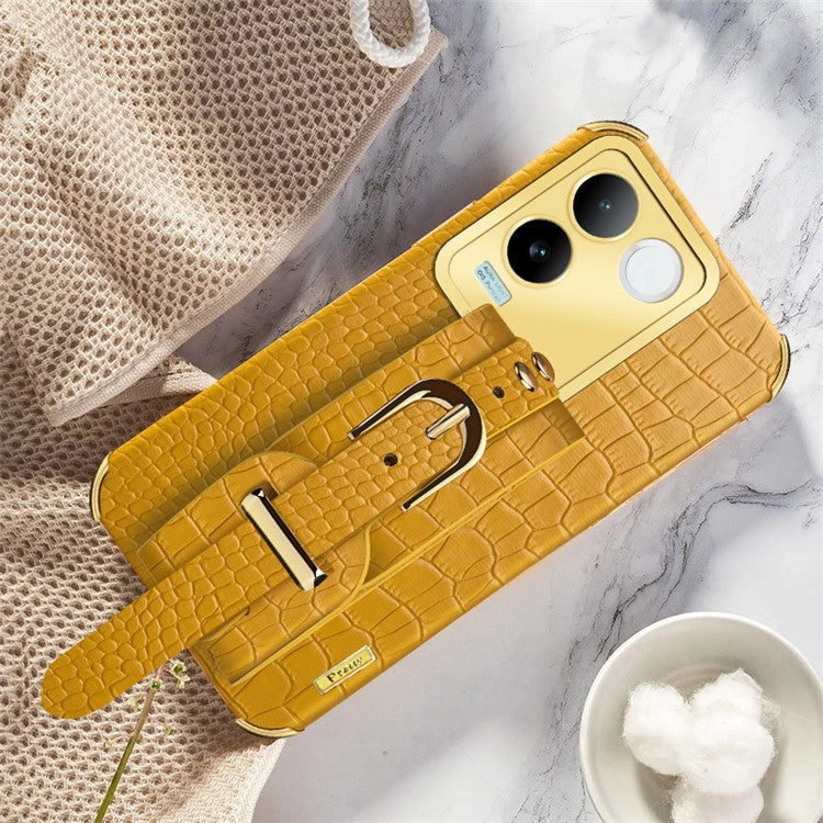 For vivo S17e 5G Wristband Kickstand Electroplating Phone Case PU Leather Coated TPU Phone Cover - Yellow