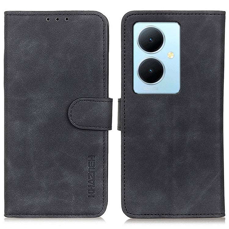 KHAZNEH Phone Case for vivo Y78+ 5G / Y78 5G Retro Magnetic Clasp Wallet Stand PU Leather Cover - Black