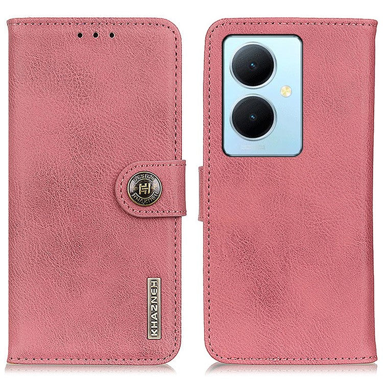 KHAZNEH For vivo Y78+ 5G / Y78 5G Leather Stand Wallet Phone Case Cowhide Texture Drop-proof Shell - Pink