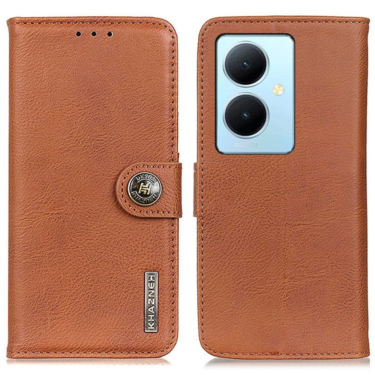 KHAZNEH For vivo Y78+ 5G / Y78 5G Leather Stand Wallet Phone Case Cowhide Texture Drop-proof Shell - Brown