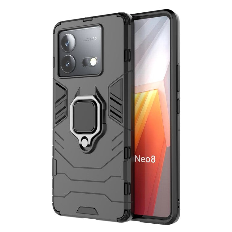 For vivo iQOO Neo8 5G TPU + PC Drop-Proof Shell Ring Holder Kickstand Protective Phone Case - Black