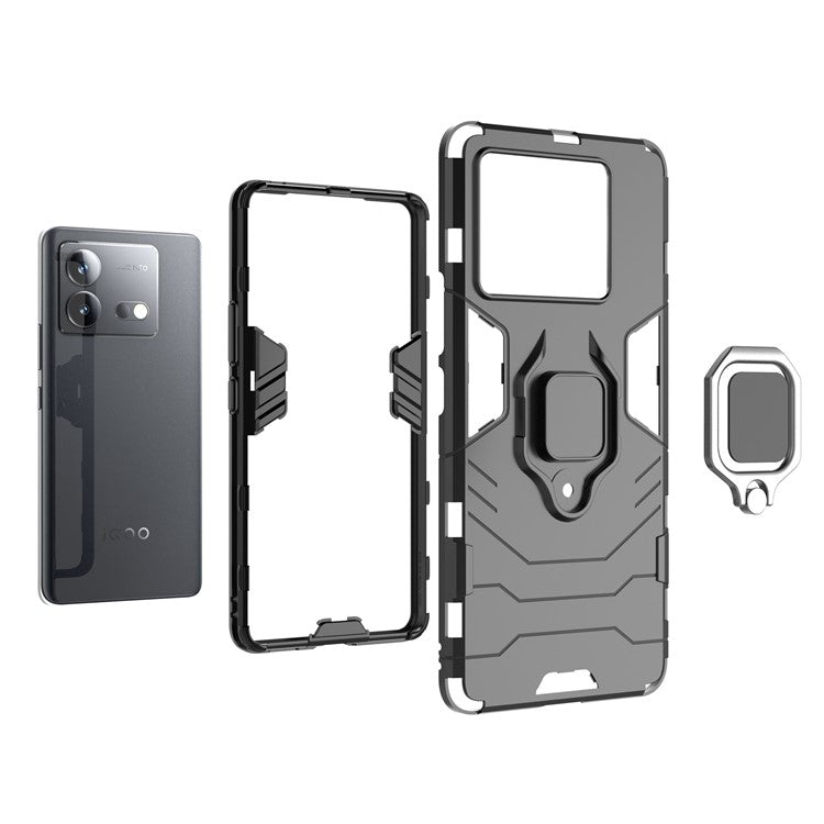 For vivo iQOO Neo8 5G TPU + PC Drop-Proof Shell Ring Holder Kickstand Protective Phone Case - Black