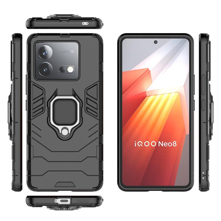 For vivo iQOO Neo8 5G TPU + PC Drop-Proof Shell Ring Holder Kickstand Protective Phone Case - Black