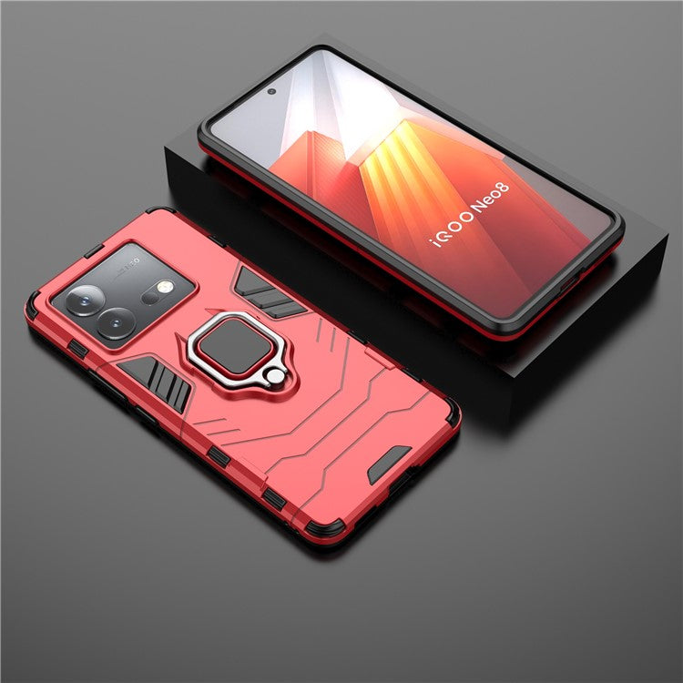 For vivo iQOO Neo8 5G TPU + PC Drop-Proof Shell Ring Holder Kickstand Protective Phone Case - Red