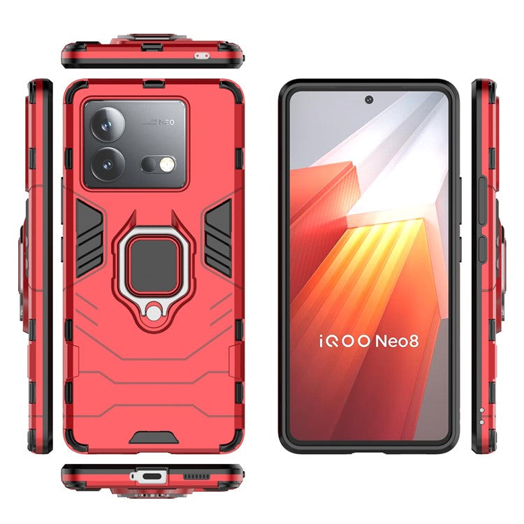 For vivo iQOO Neo8 5G TPU + PC Drop-Proof Shell Ring Holder Kickstand Protective Phone Case - Red