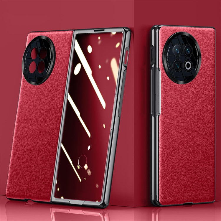 Electroplating Phone Case for vivo X Fold2 , Leather Coated PC Cover Tempered Glass Film (Support Fingerprint Unlock) - Red