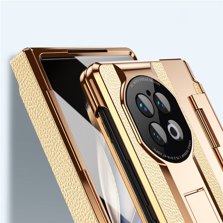 For vivo X Fold2 Kickstand Phone Case PU Leather+PC Shockproof Protective Cover with Glass Film - Rose Gold / Gold