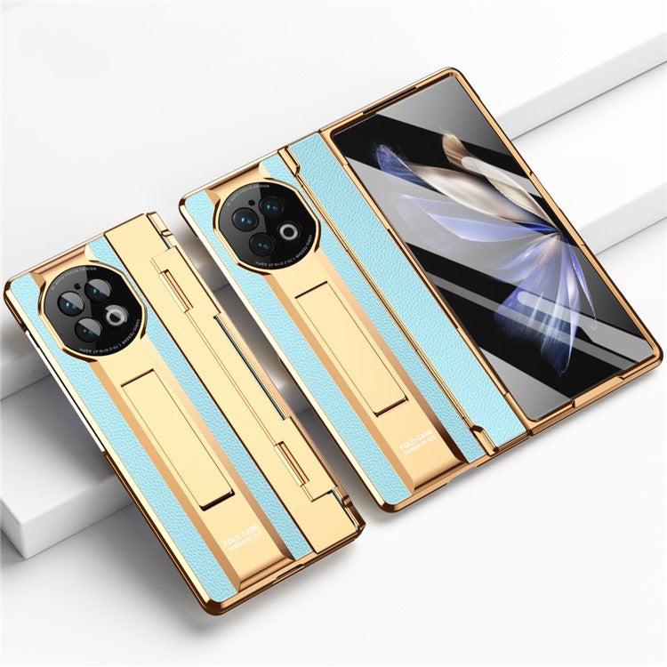 For vivo X Fold2 Kickstand Phone Case PU Leather+PC Shockproof Protective Cover with Glass Film - Rose Gold / Blue