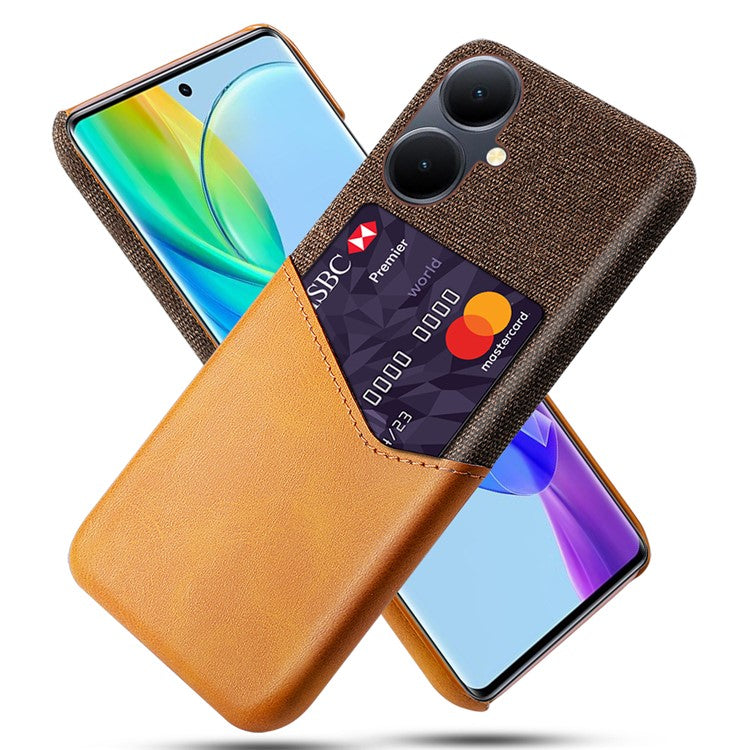 For vivo Y78+ 5G Cloth Texture Phone Case PU Leather Coated PC Card Holder Cover - Orange