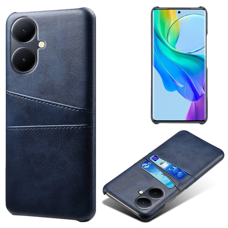 Dual Card Slots Phone Cover for vivo Y78+ 5G , PU Leather Coated PC Protective Case - Blue