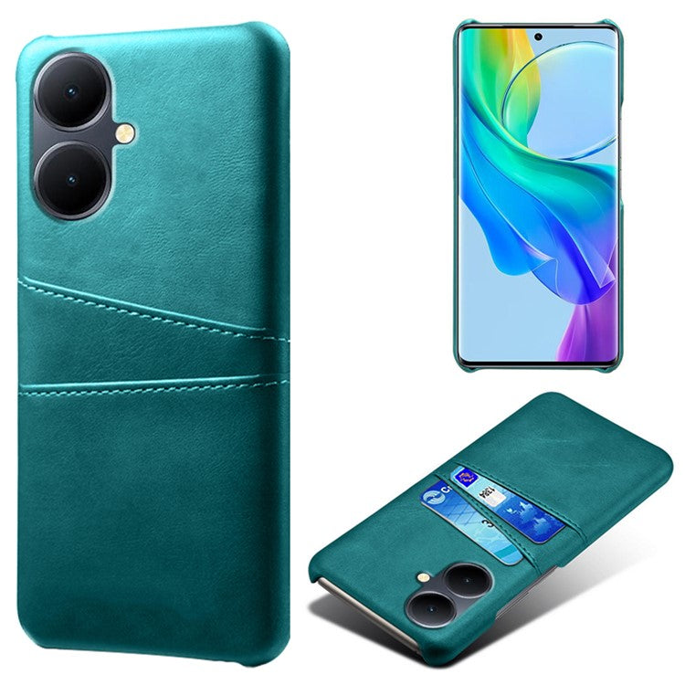 Dual Card Slots Phone Cover for vivo Y78+ 5G , PU Leather Coated PC Protective Case - Green