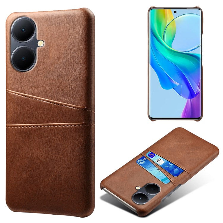 Dual Card Slots Phone Cover for vivo Y78+ 5G , PU Leather Coated PC Protective Case - Brown