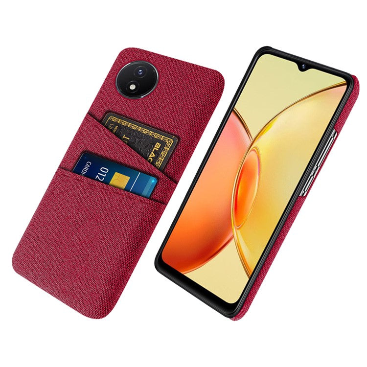 Phone Cover for vivo Y02 4G / Y02A 4G / Y11 (2023) Hard PC + Cloth Dual Card Holder Anti-Scratch Protection Case - Red