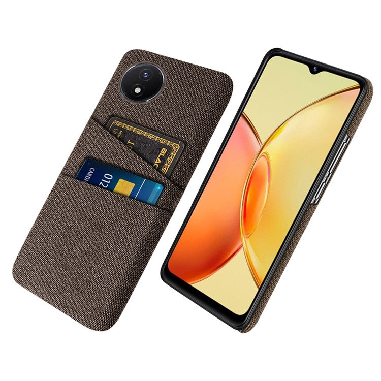 Phone Cover for vivo Y02 4G / Y02A 4G / Y11 (2023) Hard PC + Cloth Dual Card Holder Anti-Scratch Protection Case - Brown