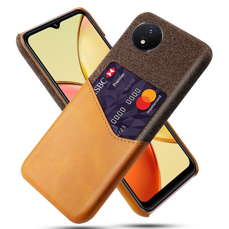 Card Holder Phone Case for vivo Y02 4G / Y02A 4G / Y11 (2023) , PU Leather Coated PC Cloth Texture Anti-Scratch Cover - Orange