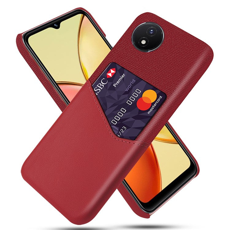 Card Holder Phone Case for vivo Y02 4G / Y02A 4G / Y11 (2023) , PU Leather Coated PC Cloth Texture Anti-Scratch Cover - Red