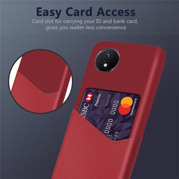 Card Holder Phone Case for vivo Y02 4G / Y02A 4G / Y11 (2023) , PU Leather Coated PC Cloth Texture Anti-Scratch Cover - Red