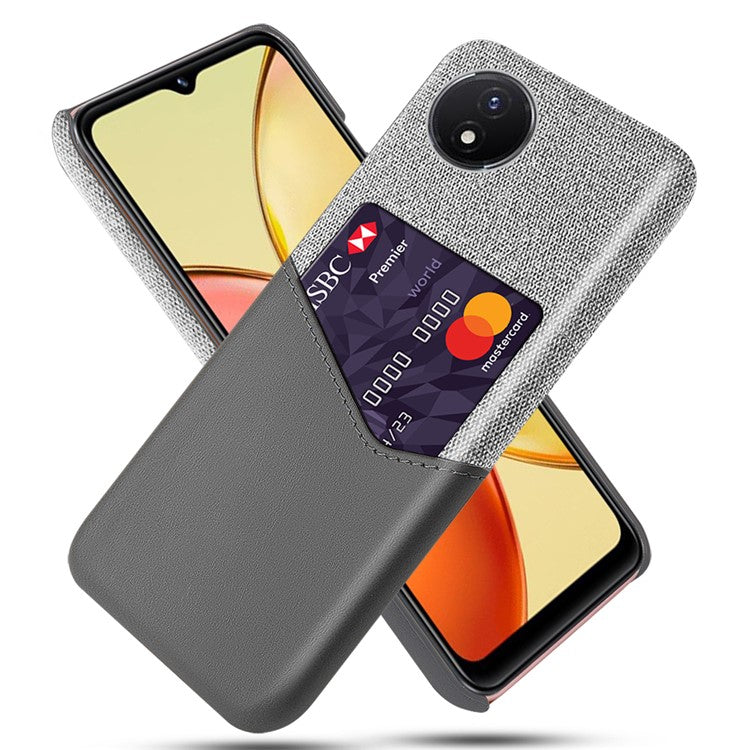 Card Holder Phone Case for vivo Y02 4G / Y02A 4G / Y11 (2023) , PU Leather Coated PC Cloth Texture Anti-Scratch Cover - Grey