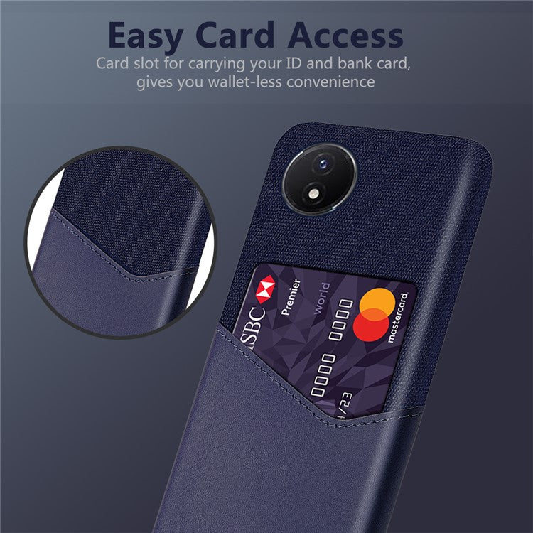 Card Holder Phone Case for vivo Y02 4G / Y02A 4G / Y11 (2023) , PU Leather Coated PC Cloth Texture Anti-Scratch Cover - Blue