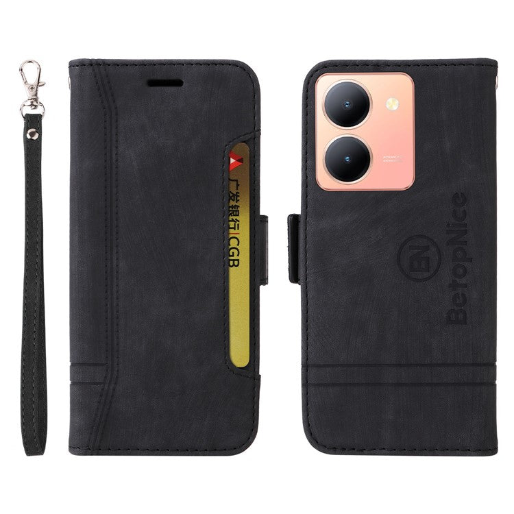 BETOPNICE 001 For vivo Y78 5G (China) / Y36 4G (Global) / Y36 5G (Global) Wallet Phone Case Stitching Imprinted Line PU Leather Flip Cover - Black