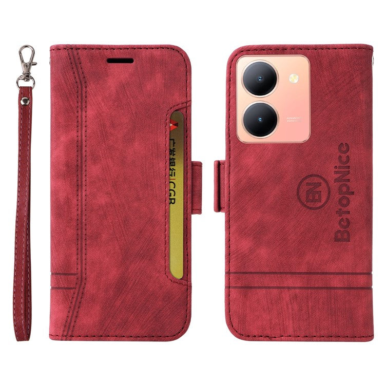 BETOPNICE 001 For vivo Y78 5G (China) / Y36 4G (Global) / Y36 5G (Global) Wallet Phone Case Stitching Imprinted Line PU Leather Flip Cover - Red