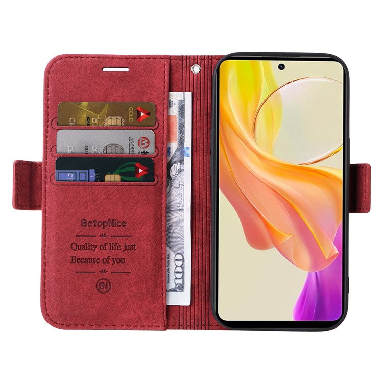 BETOPNICE 001 For vivo Y78 5G (China) / Y36 4G (Global) / Y36 5G (Global) Wallet Phone Case Stitching Imprinted Line PU Leather Flip Cover - Red