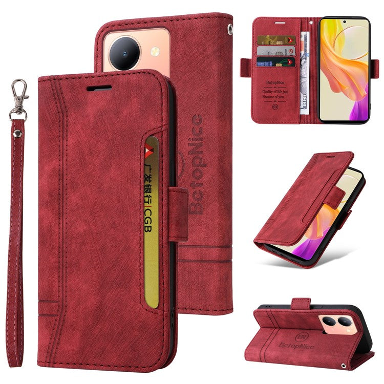 BETOPNICE 001 For vivo Y78 5G (China) / Y36 4G (Global) / Y36 5G (Global) Wallet Phone Case Stitching Imprinted Line PU Leather Flip Cover - Red