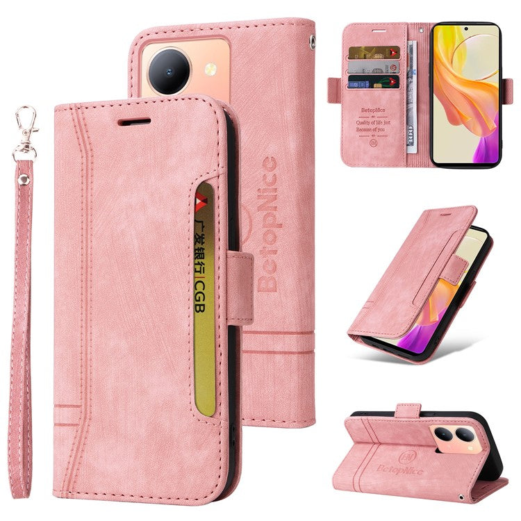 BETOPNICE 001 For vivo Y78 5G (China) / Y36 4G (Global) / Y36 5G (Global) Wallet Phone Case Stitching Imprinted Line PU Leather Flip Cover - Pink