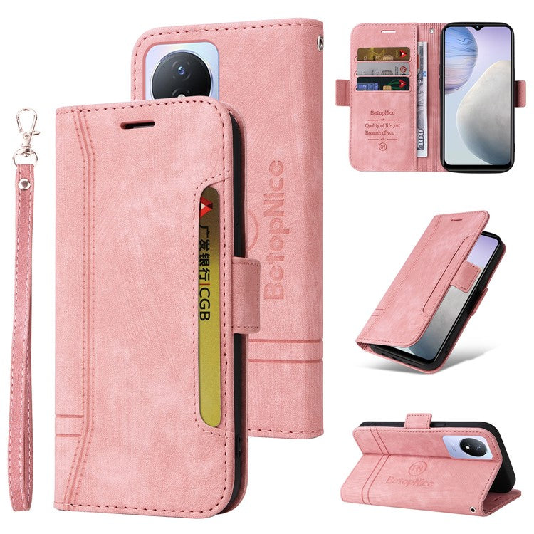 BETOPNICE 001 For vivo Y02 4G / Y11 (2023) / Y02A 4G Protective Cover Stitching Imprinted PU Leather Wallet Phone Case - Pink