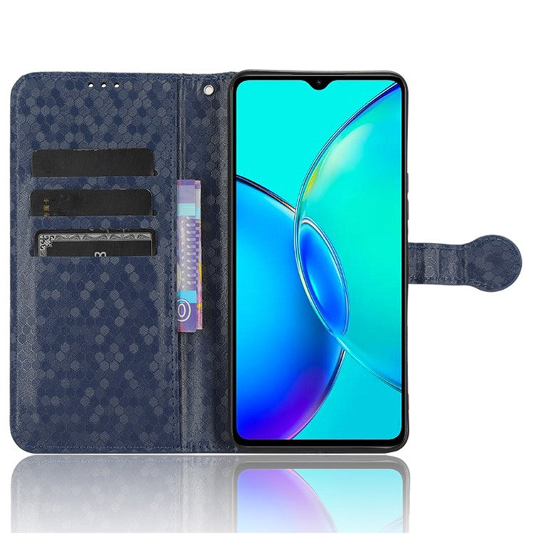 For vivo Y35+ 5G / Y35m+ 5G PU Leather Phone Case Dot Imprinted Wallet Stand Folio Cover - Dark Blue