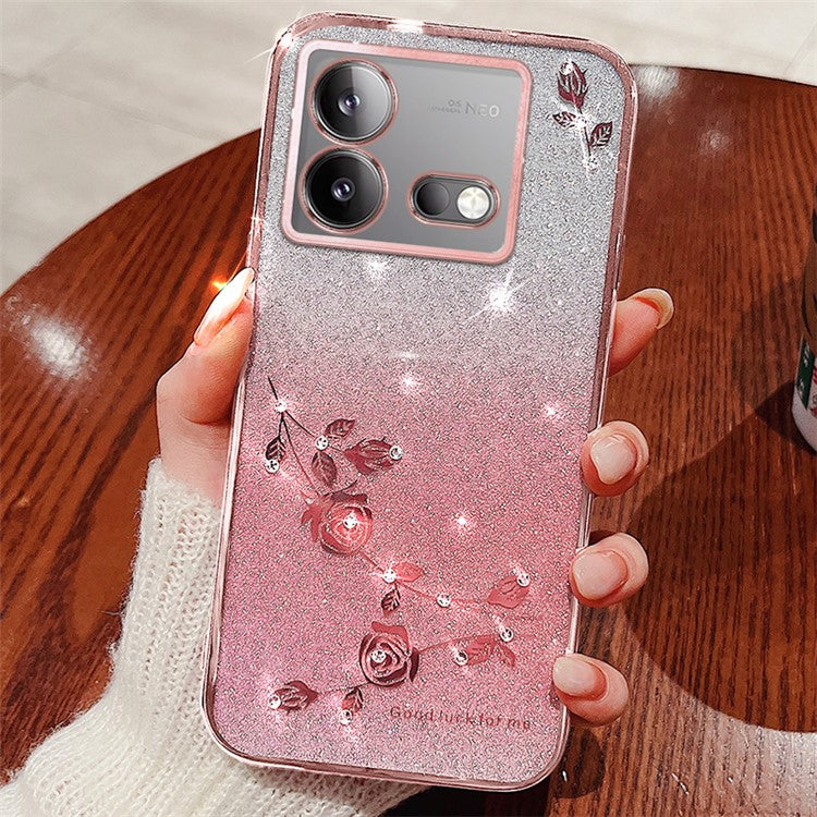 KADEM For vivo iQOO Neo8 5G / Neo8 Pro 5G Gradient Cell Phone Case Rhinestone Flower Glitter TPU Cover - Rose Gold