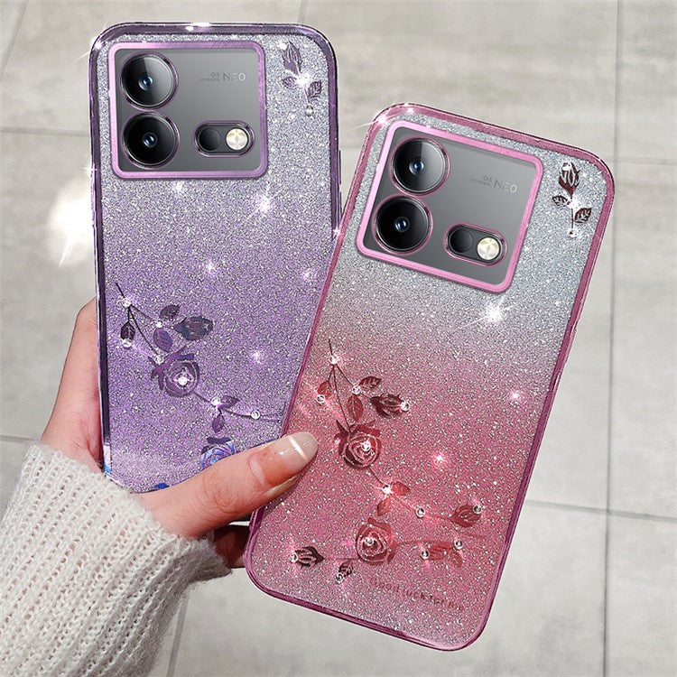 KADEM For vivo iQOO Neo8 5G / Neo8 Pro 5G Gradient Cell Phone Case Rhinestone Flower Glitter TPU Cover - Rose Gold