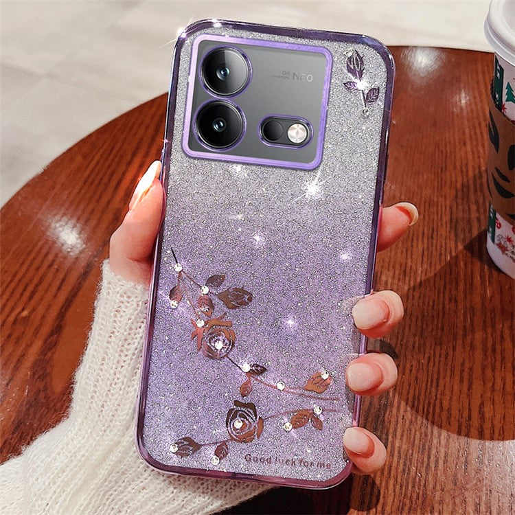 KADEM For vivo iQOO Neo8 5G / Neo8 Pro 5G Gradient Cell Phone Case Rhinestone Flower Glitter TPU Cover - Purple