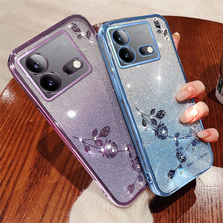 KADEM For vivo iQOO Neo8 5G / Neo8 Pro 5G Gradient Cell Phone Case Rhinestone Flower Glitter TPU Cover - Purple