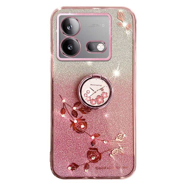 KADEM For vivo iQOO Neo8 5G / Neo8 Pro 5G Ring Kickstand Gradient TPU Cover Flower Pattern Glitter Phone Case - Rose Gold