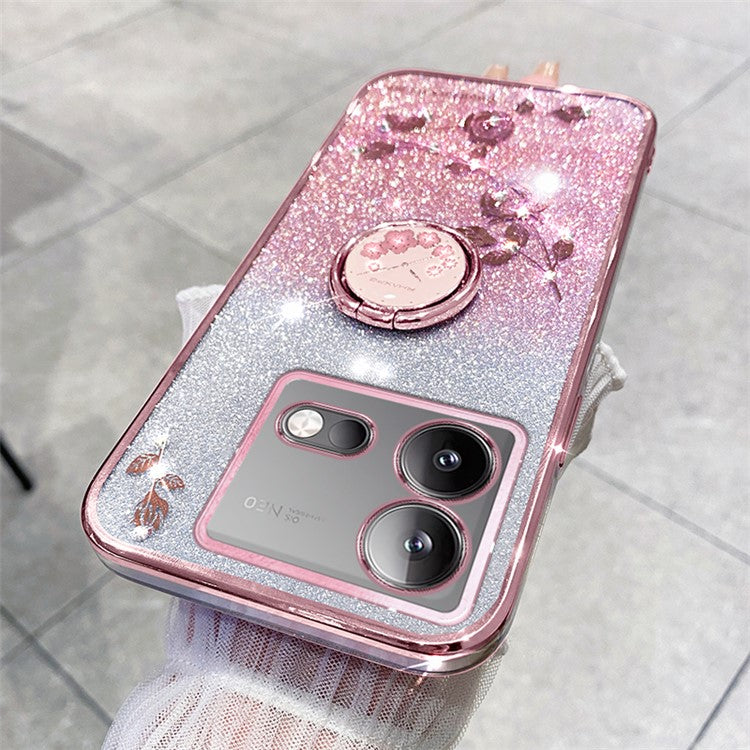 KADEM For vivo iQOO Neo8 5G / Neo8 Pro 5G Ring Kickstand Gradient TPU Cover Flower Pattern Glitter Phone Case - Rose Gold