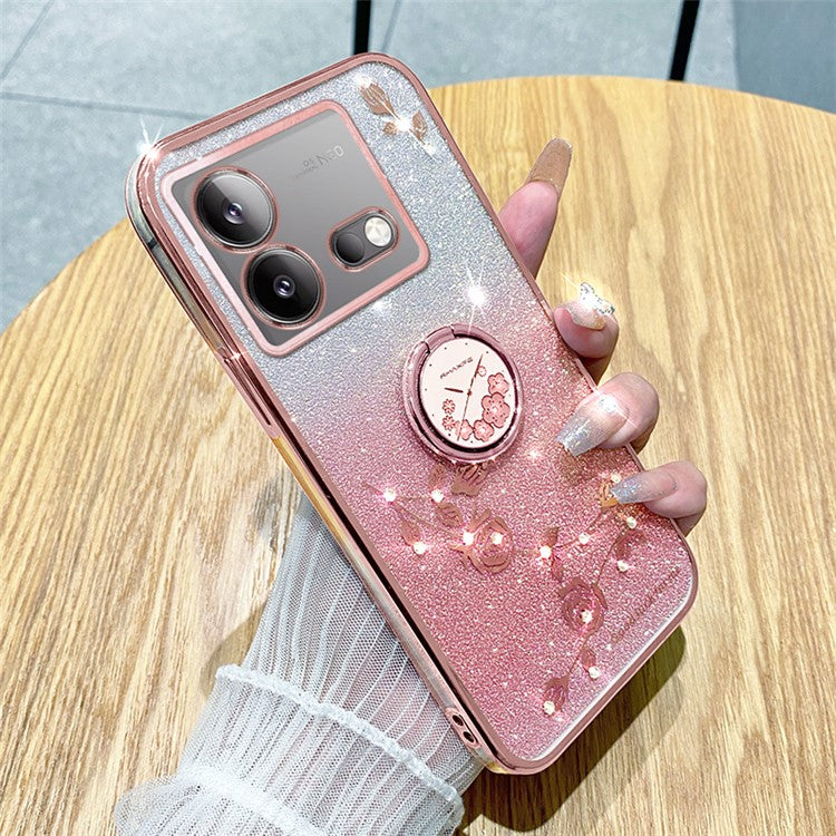 KADEM For vivo iQOO Neo8 5G / Neo8 Pro 5G Ring Kickstand Gradient TPU Cover Flower Pattern Glitter Phone Case - Rose Gold