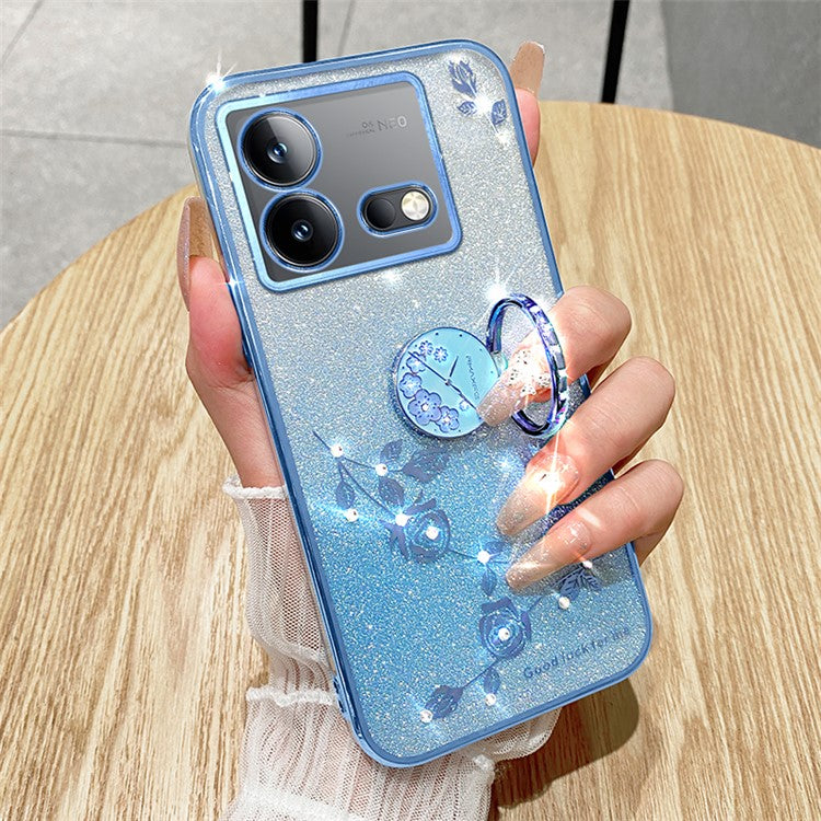 KADEM For vivo iQOO Neo8 5G / Neo8 Pro 5G Ring Kickstand Gradient TPU Cover Flower Pattern Glitter Phone Case - Rose Gold