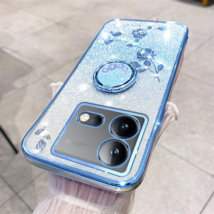 KADEM For vivo iQOO Neo8 5G / Neo8 Pro 5G Ring Kickstand Gradient TPU Cover Flower Pattern Glitter Phone Case - Blue