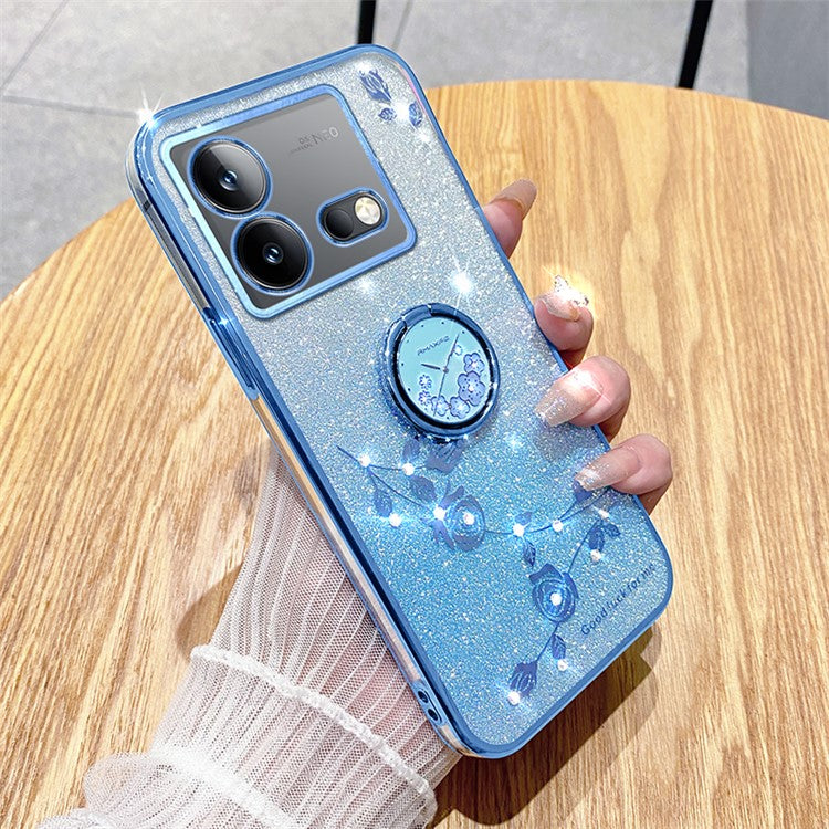 KADEM For vivo iQOO Neo8 5G / Neo8 Pro 5G Ring Kickstand Gradient TPU Cover Flower Pattern Glitter Phone Case - Blue