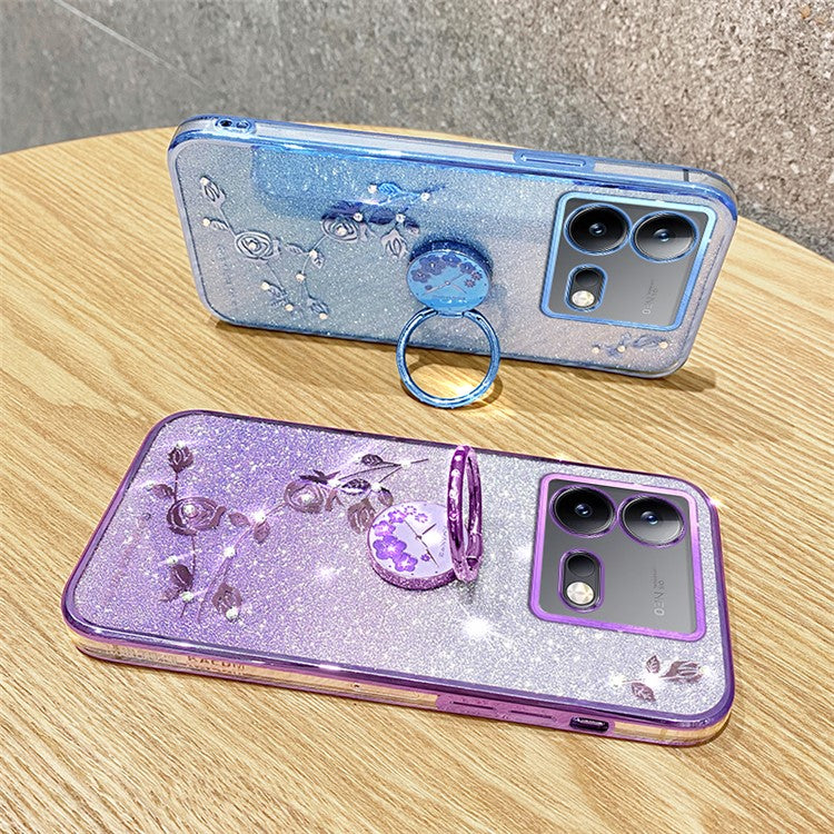 KADEM For vivo iQOO Neo8 5G / Neo8 Pro 5G Ring Kickstand Gradient TPU Cover Flower Pattern Glitter Phone Case - Blue