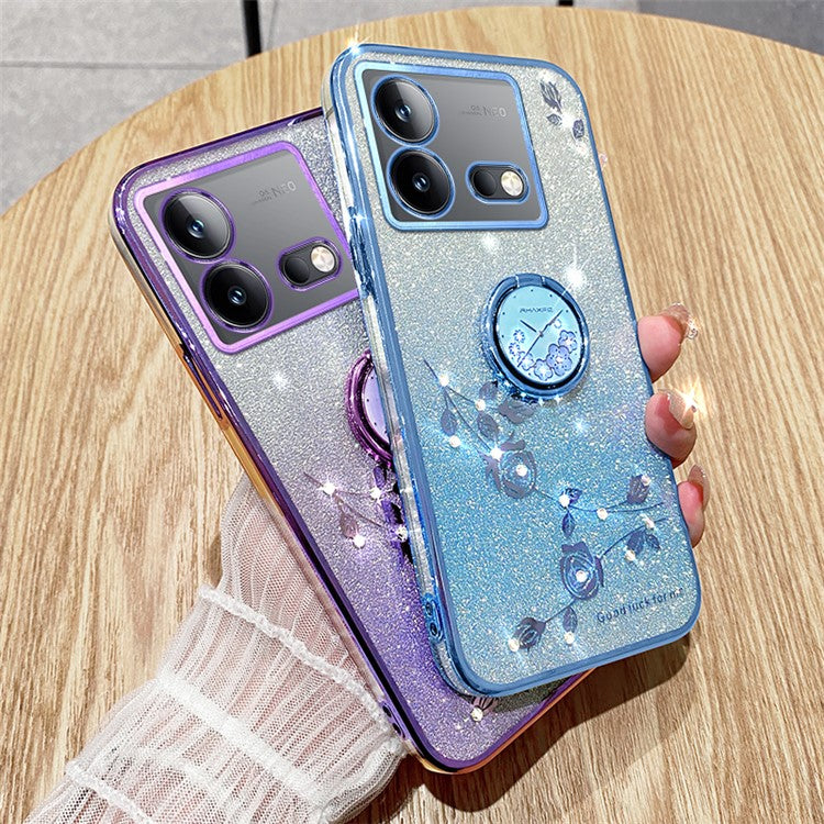 KADEM For vivo iQOO Neo8 5G / Neo8 Pro 5G Ring Kickstand Gradient TPU Cover Flower Pattern Glitter Phone Case - Blue