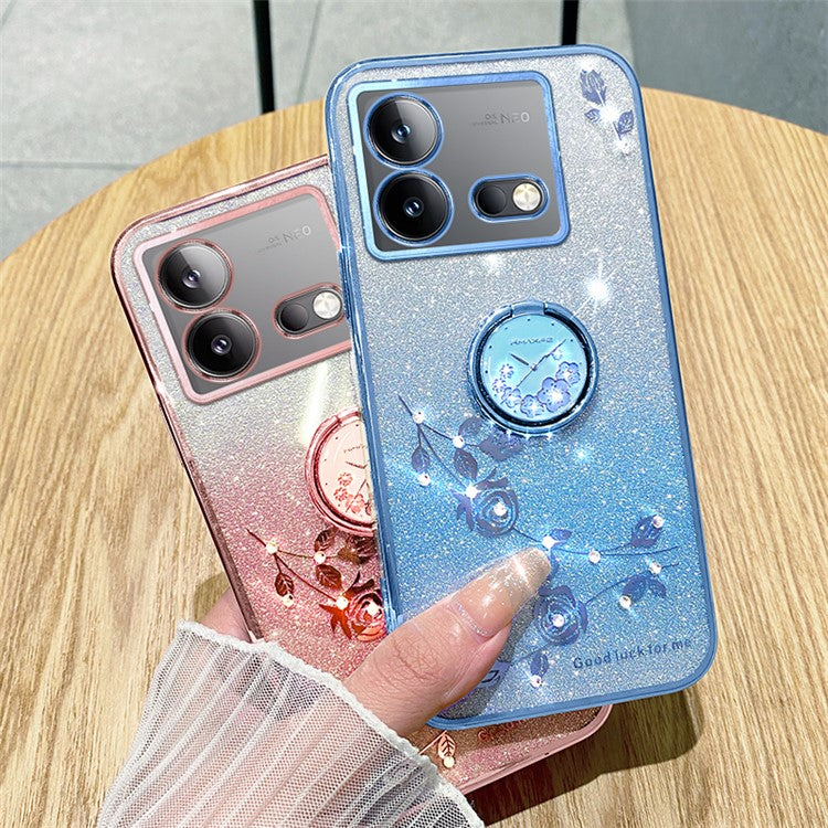 KADEM For vivo iQOO Neo8 5G / Neo8 Pro 5G Ring Kickstand Gradient TPU Cover Flower Pattern Glitter Phone Case - Blue